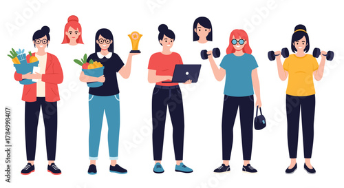 A collection of diverse pixel art women pursuing various interests and achieving success.