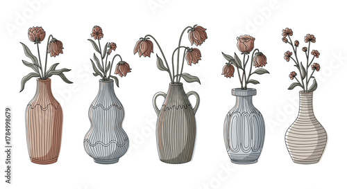 A beautiful collection of five diverse vases each containing delicate dried flowers in a pleasing arrangement.