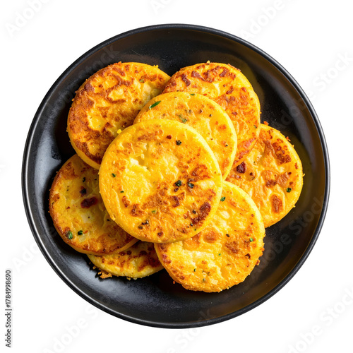 Golden brown mbejú de fécula cassava pancake isolated on a bright white background, a classic paraguayan comfort food
