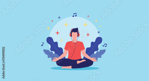 A person wearing headphones meditates peacefully surrounded by glowing stars and floating musical notes.