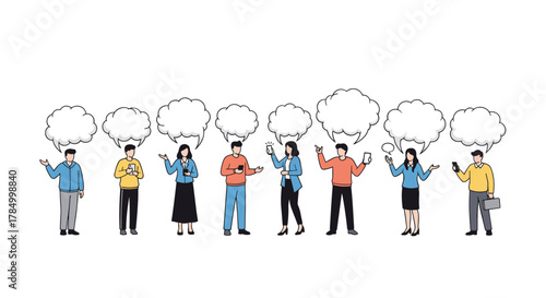 Diverse group of people holding smartphones with speech bubbles above their heads conveying communication and connection.