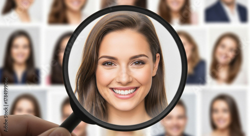 Magnifying glass over photo of smiling woman, focus and identification in photography