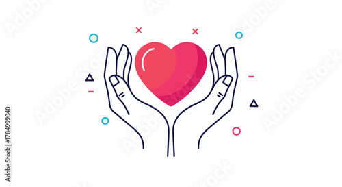 Hands holding a red heart with abstract shapes in the background.