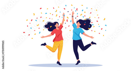 Two excited young women celebrating with confetti and high fives. .