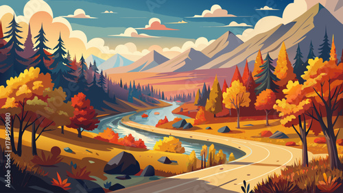 Very beautiful autumn view of the Highland Trail along the AuSable Scenic Byway in Michigan, USA, featuring vibrant fall foliage, winding road, and a realistic serene forested landscape.