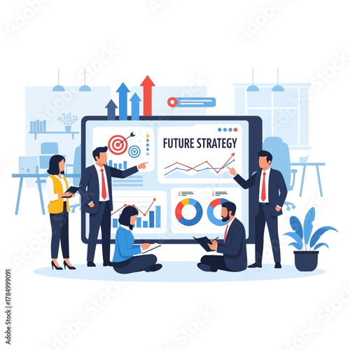 Professional business team discussing strategy and future goals — corporate planning and growth concept, flat vector illustration