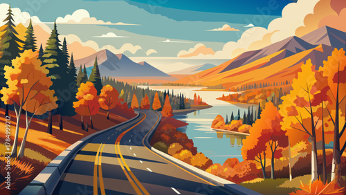 Very beautiful autumn view of the Highland Trail along the AuSable Scenic Byway in Michigan, USA, featuring vibrant fall foliage, winding road, and a realistic serene forested landscape.