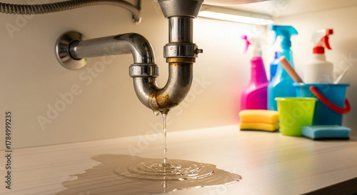 Leaking pipe under kitchen sink with water drip and puddle forming, plumbing repair and maintenance challenge