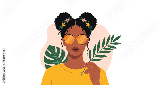 A woman with cute buns and sunglasses looking cool with plants.