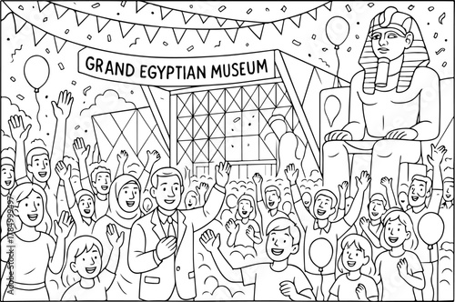 hand drawn vector illustration of Grand Egyptian Museum coloring page for kids