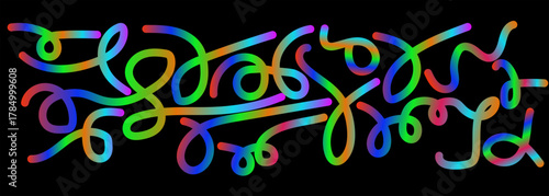 Abstract Gradient Color Lines. 3D Wave Shape Pattern. Vector Wavy Graphic Design Elements on Black Background. Organic Line Rainbow Color Ribbon