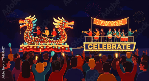 Vibrant Dragon Boat Festival Celebration with Festive Parade.