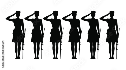 A black and white illustration showing six identical female military saluting silhouettes arranged in a horizontal line against on a transparent background.