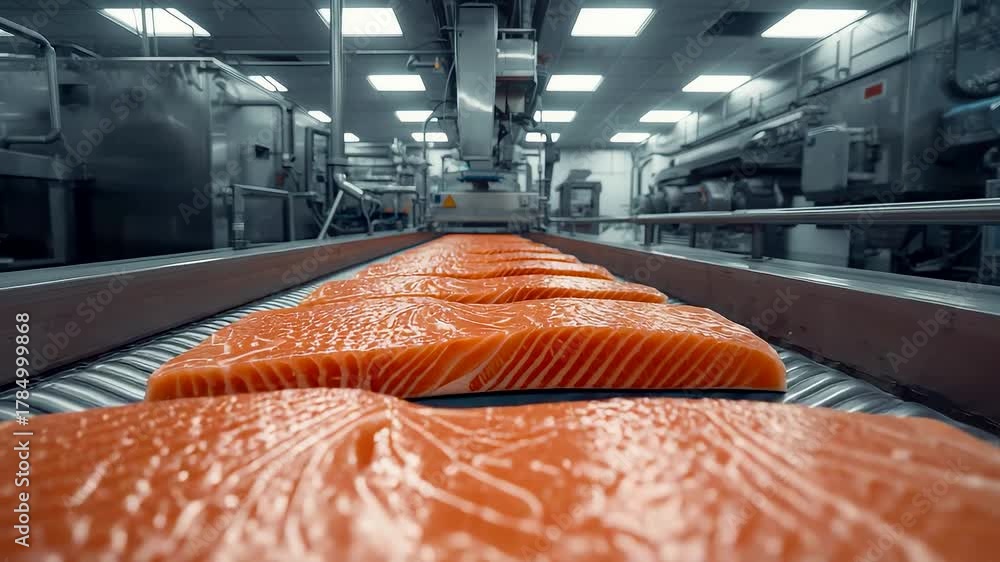 Fresh salmon fillets on automated conveyor belt in modern seafood ...