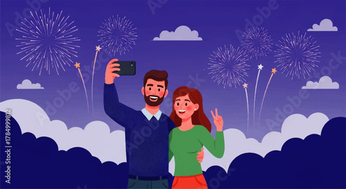 Couple Taking Selfie During Fireworks Celebration.