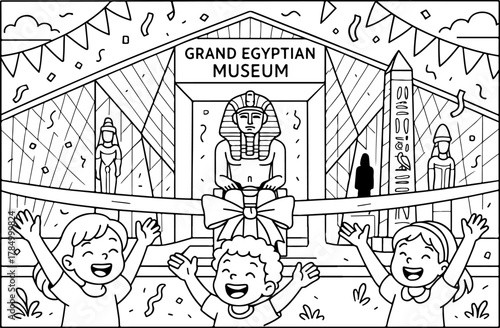 hand drawn vector illustration of Grand Egyptian Museum coloring page for kids