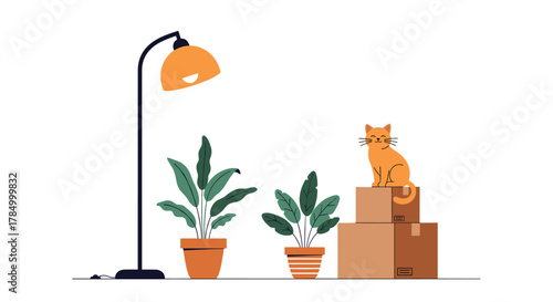 A cat sits on boxes next to potted plants and a lamp.