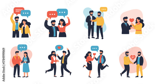 Illustrations depicting various forms of communication and connection between people engaging in positive interactions.