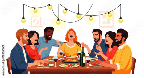 Diverse group of friends enjoying a celebratory dinner party.