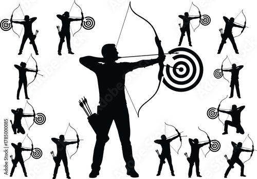 Flat vector archer silhouette group aiming at targets, bow and arrow pose, precision training, focus teamwork, competitive archery scene