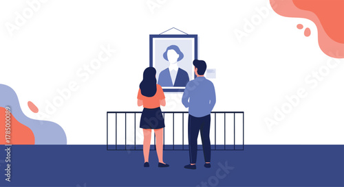 Two people admiring a portrait in an art gallery exhibition with abstract shapes.