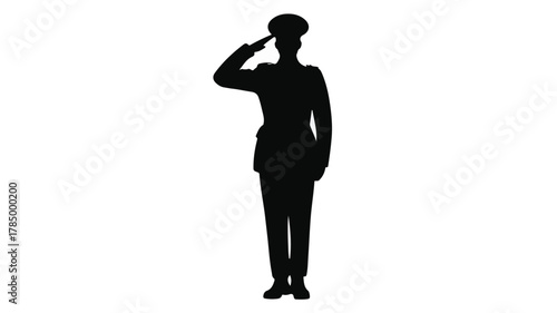 A high-quality black silhouette of a proud military officer standing at attention and saluting in front of a softly waving national flag backdrop. Isolated on a transparent background.