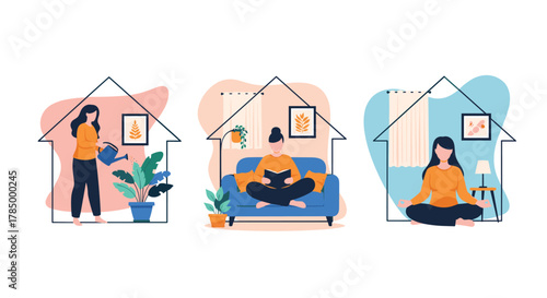 People engaging in self care activities at home to improve mental wellbeing.