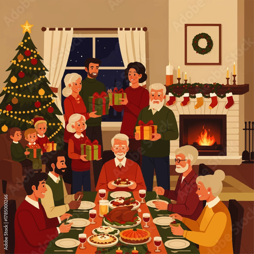 Festive Family Gathering Exchanging Christmas Gifts.