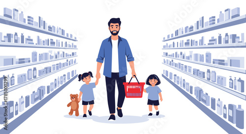 A father and his two young children go grocery shopping together holding hands and a basket.