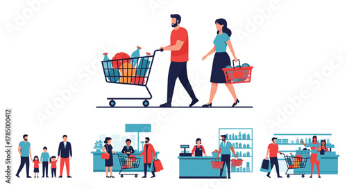 Happy family goes shopping for groceries and household items at the supermarket.