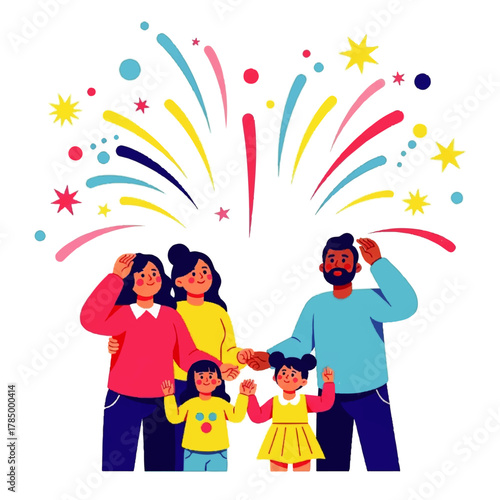 Happy Family Celebrating with Colorful Fireworks Display.