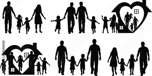 Happy family together holding hands silhouette, parents and children walking with love home heart concept, unity and care, cad drawing flat vector illustration