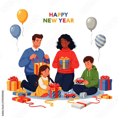 Happy New Year Family Opening Gifts Together.