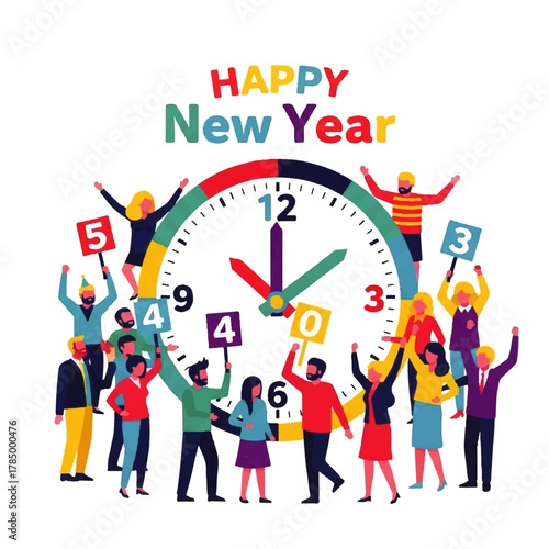 Happy New Year Celebration Around a Clock.