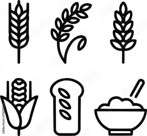 Whole Grains Outline Icons Set Single Line Carbohydrate Food Symbols