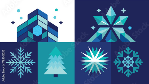 Christmas cards adorned with snowflakes and trees, highlighting seasonal cheer and winter motifs..eps