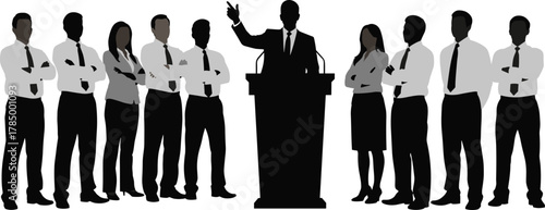 Business leader at podium, public speaking silhouette, corporate team unity, professional communication, leadership speech, office presentation, teamwork, authority