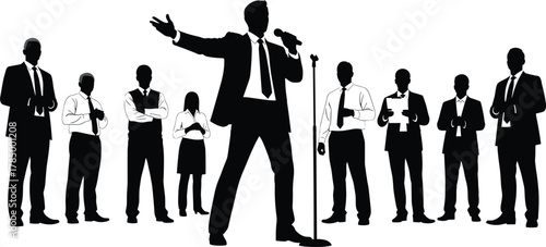 Business speaker silhouette, corporate presentation, leadership communication, professional group, public speaking, teamwork unity, office culture, microphone, authority, success