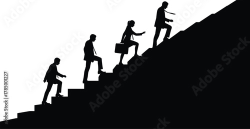 Business team silhouette climbing stairs, career growth, leadership success, teamwork ambition, professional development, corporate journey, goal achievement, motivation