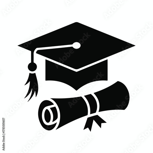 A minimalist black and white icon design featuring a graduation mortarboard cap with a tassel and a rolled diploma with a ribbon. Transparent background.