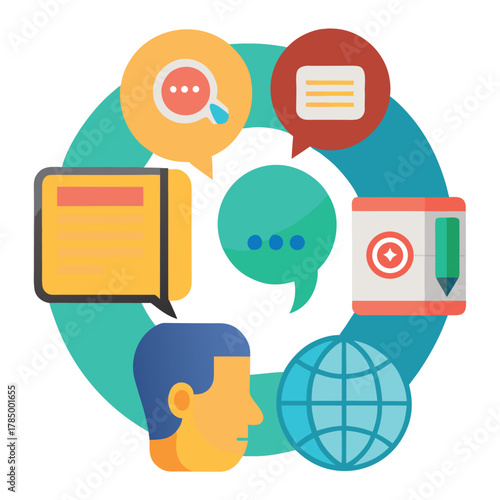 Global Communication and Feedback Cycle Vector Illustration with Man Head and Speech Bubbles