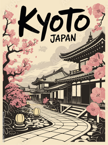 Stylized black-and-white Kyoto, Japan travel poster vector with traditional temples, stone paths, lanterns, and blooming cherry blossoms. Nostalgic mid-century style with soft gray sky