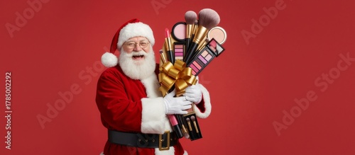 Cheerful Santa Claus holding a bouquet of makeup products as a Christmas gift. Funny holiday shopping and sale concept on a red background with copy space