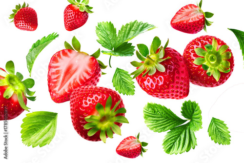 Fresh strawberries with green leaves isolated on transparent background PNG 