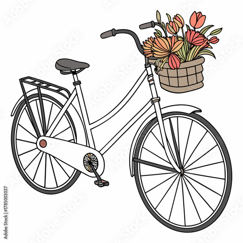 White bicycle with a basket of flowers