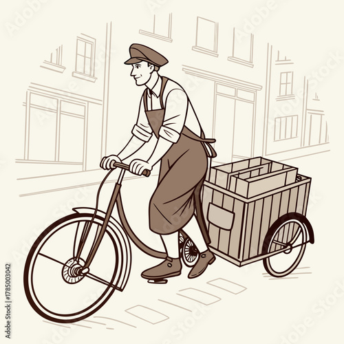 Vintage milkman on bicycle delivering milk