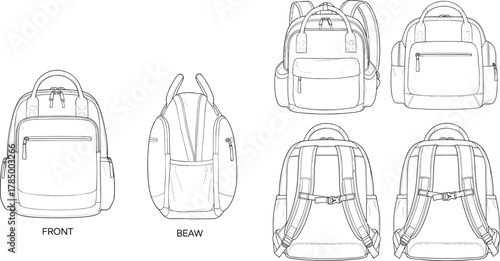 Professional technical line drawing of stylish backpack design showing front, back, and side views for fashion accessory design reference