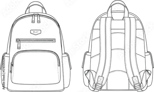 Detailed technical line drawing of modern stylish backpack showing front and back view, fashion design, travel bag vector illustration