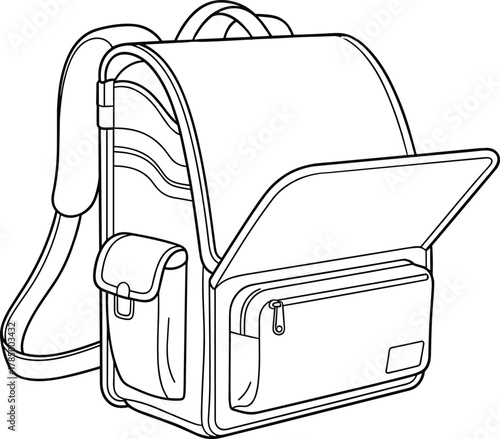 Modern school backpack line art illustration, detailed outline design of student bag with compartments, zipper pocket, and shoulder straps.