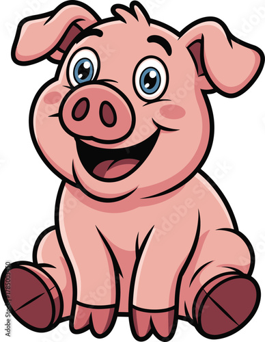 Cute cartoon pig, smiling farm animal, happy piglet character, children’s illustration, pink pig drawing, playful livestock, educational mascot, vector